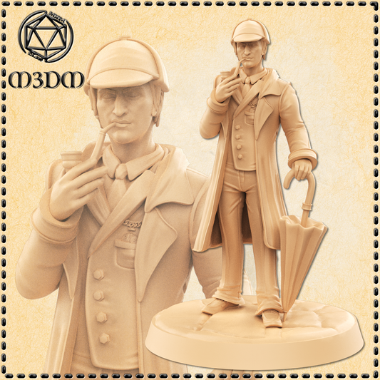 Statue of a man in a trench coat and hat with an umbrella, next to a 3D printed model of the same figure.