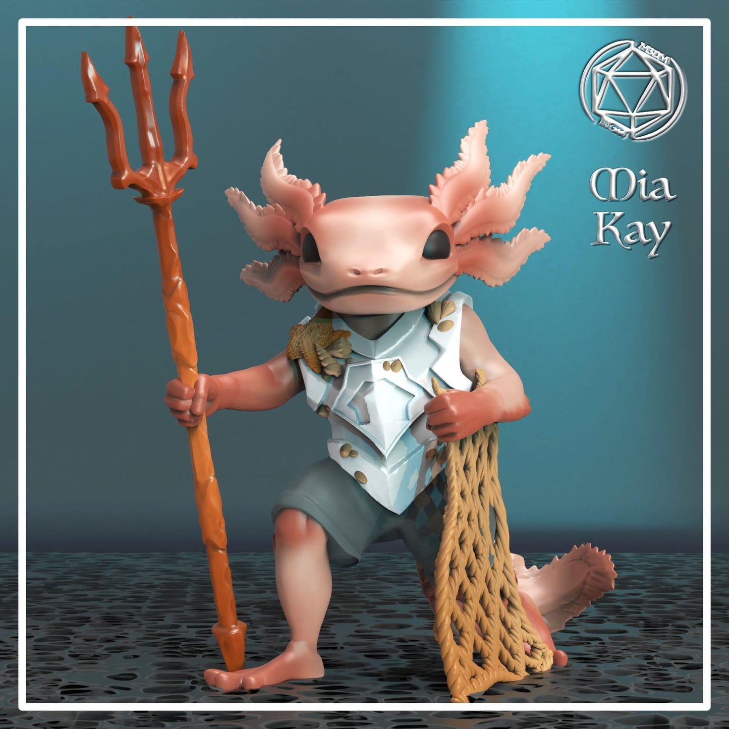 Axolotl Warrior with Trident and Net miniature by M3DM