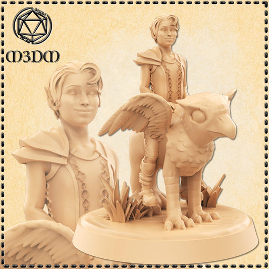 Elven Boy Riding Baby Griffin miniature by M3DM
